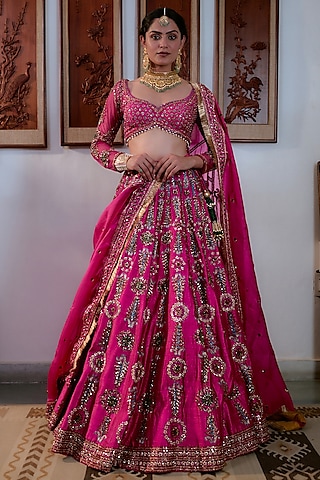 Fuchsia Pink Pure Raw Silk Hand Embroidered Lehenga Set by Irrau by Samir Mantri
