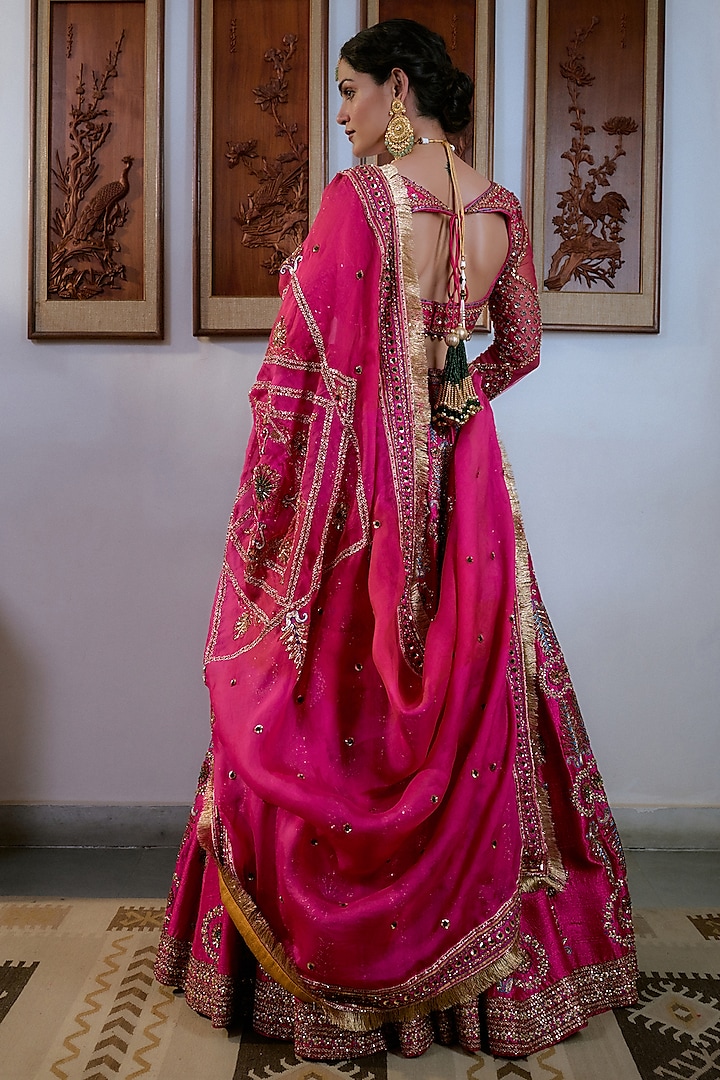 Fuchsia Pink Pure Raw Silk Hand Embroidered Bridal Lehenga Set by Irrau by Samir Mantri at Pernia's Pop Up Shop