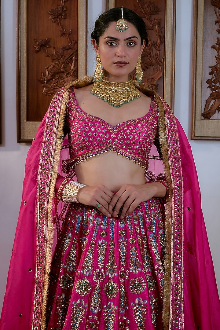 Fuchsia Pink Pure Raw Silk Hand Embroidered Bridal Lehenga Set by Irrau by Samir Mantri at Pernia's Pop Up Shop