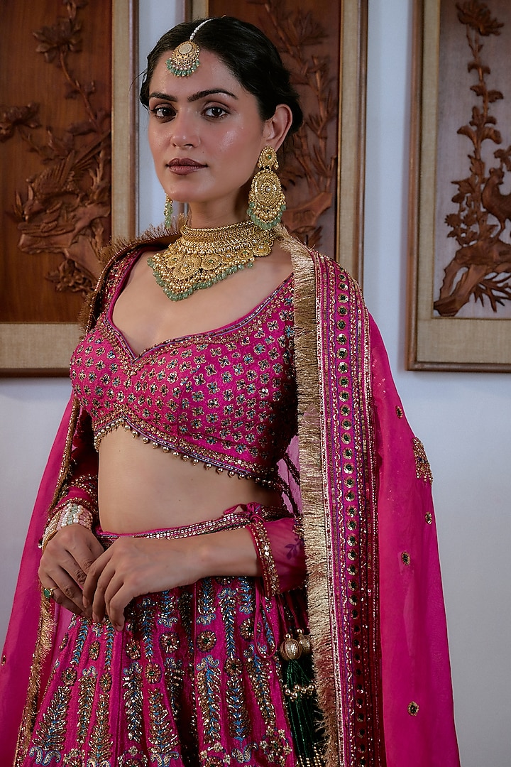 Fuchsia Pink Pure Raw Silk Hand Embroidered Bridal Lehenga Set by Irrau by Samir Mantri at Pernia's Pop Up Shop