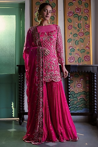 Fuchsia Pink Georgette Gharara Set by Irrau by Samir Mantri