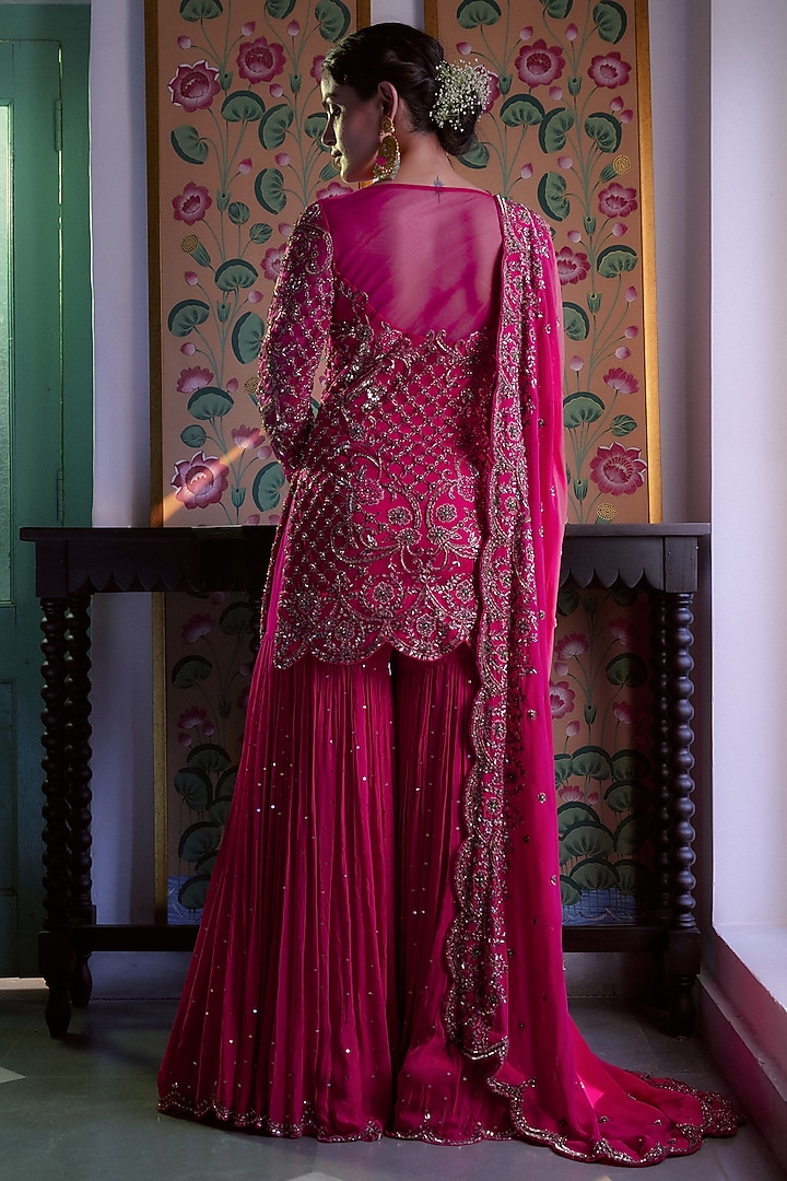 Fuchsia Pink Georgette Gharara Set by Irrau by Samir Mantri at Pernia's Pop Up Shop