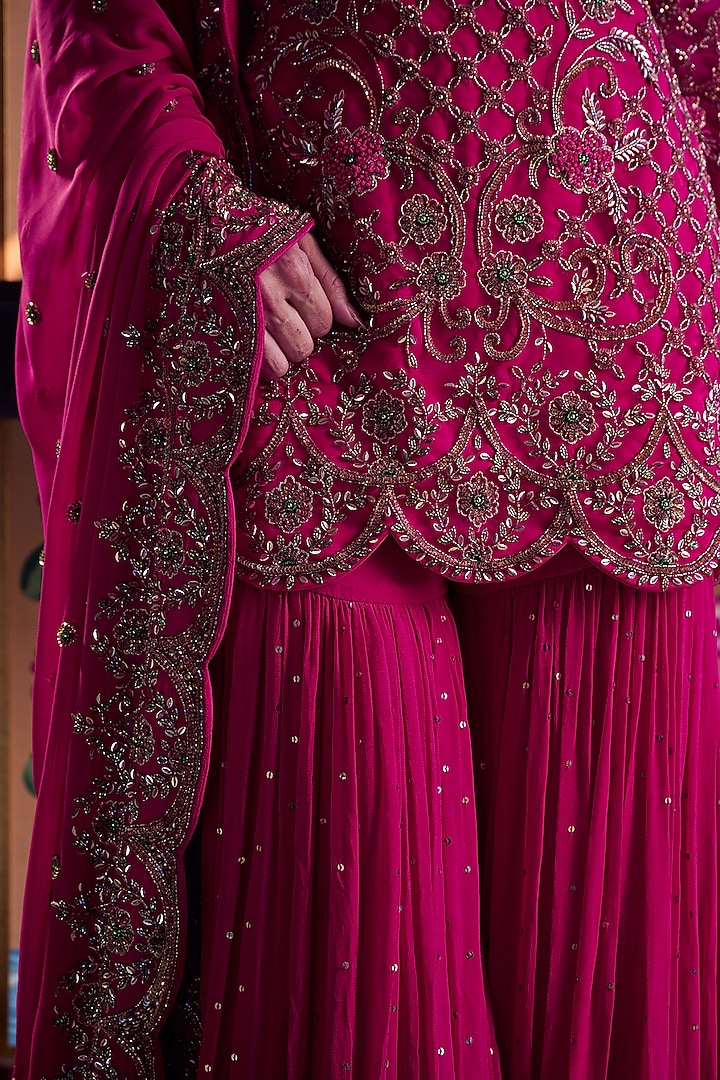 Fuchsia Pink Georgette Gharara Set by Irrau by Samir Mantri at Pernia's Pop Up Shop