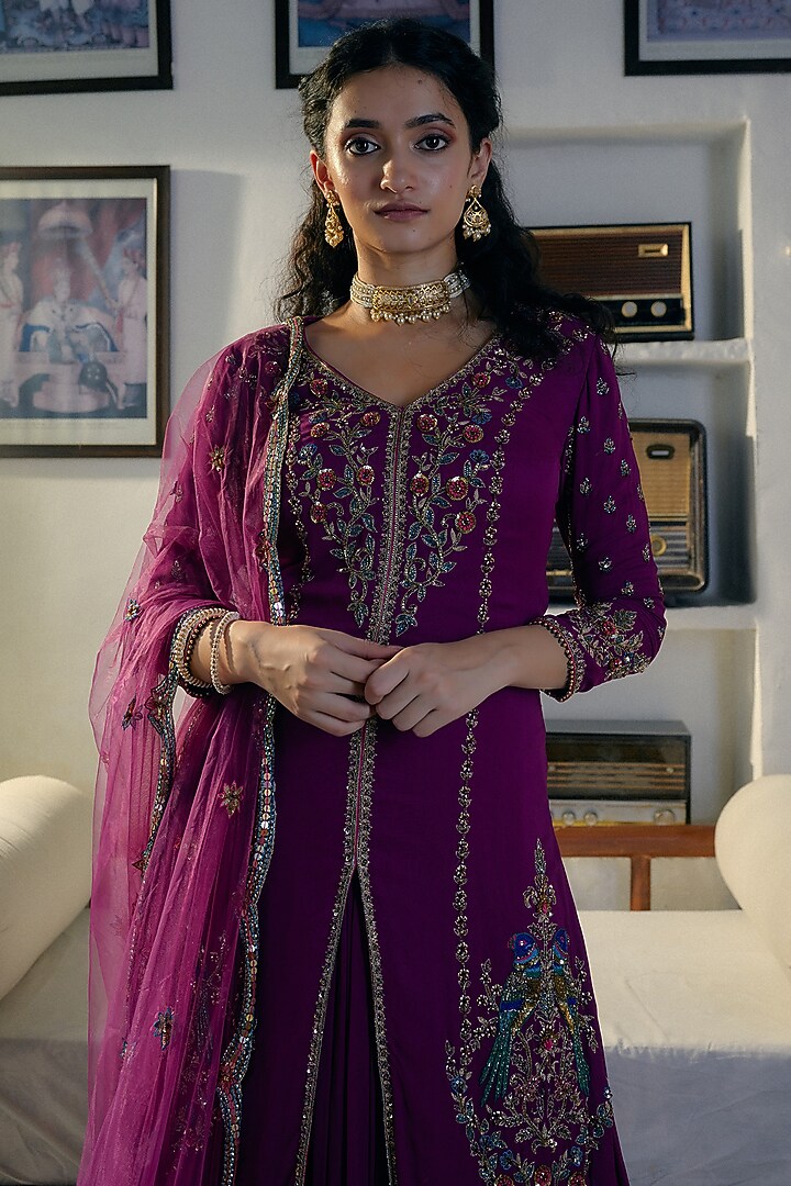 Purple Georgette Bridal Sharara Set by Irrau by Samir Mantri at Pernia's Pop Up Shop