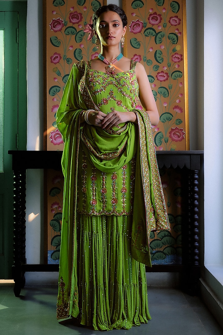 Lime Green Georgette Sharara Set by Irrau by Samir Mantri at Pernia's Pop Up Shop