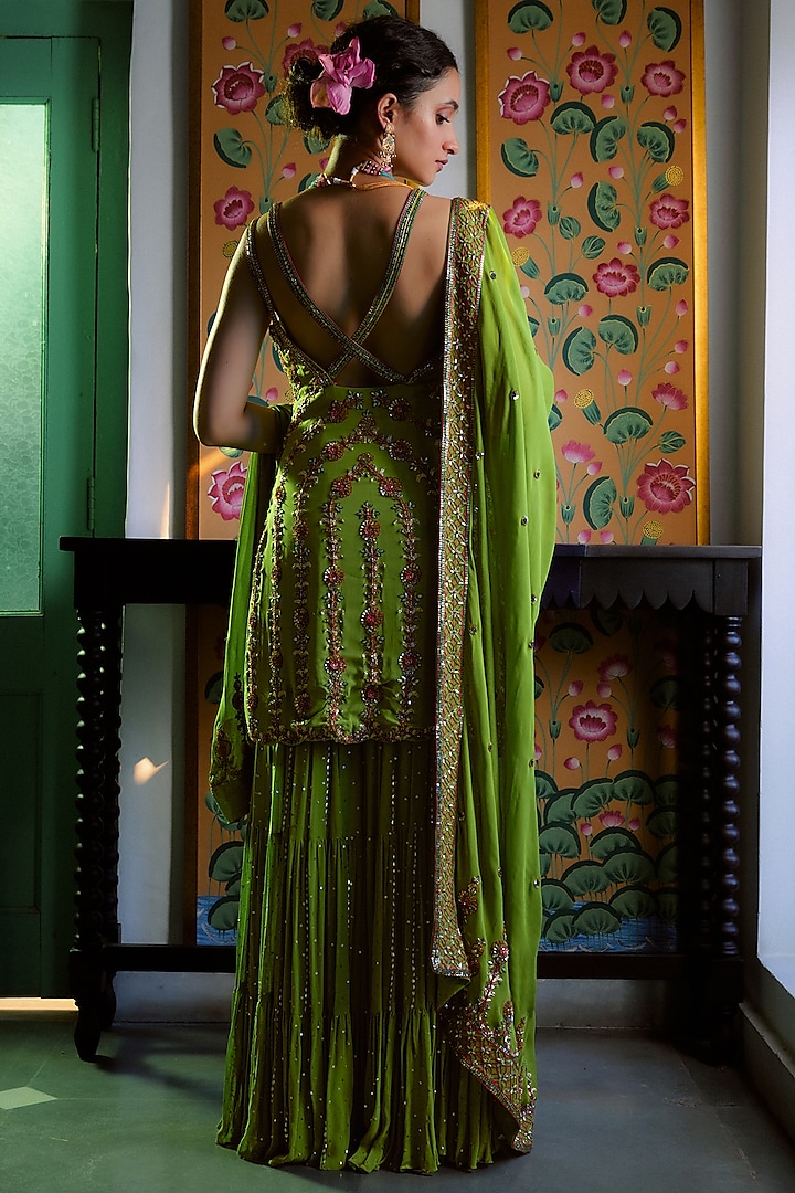 Lime Green Georgette Hand Embroidered Gharara Set by Irrau by Samir Mantri at Pernia's Pop Up Shop