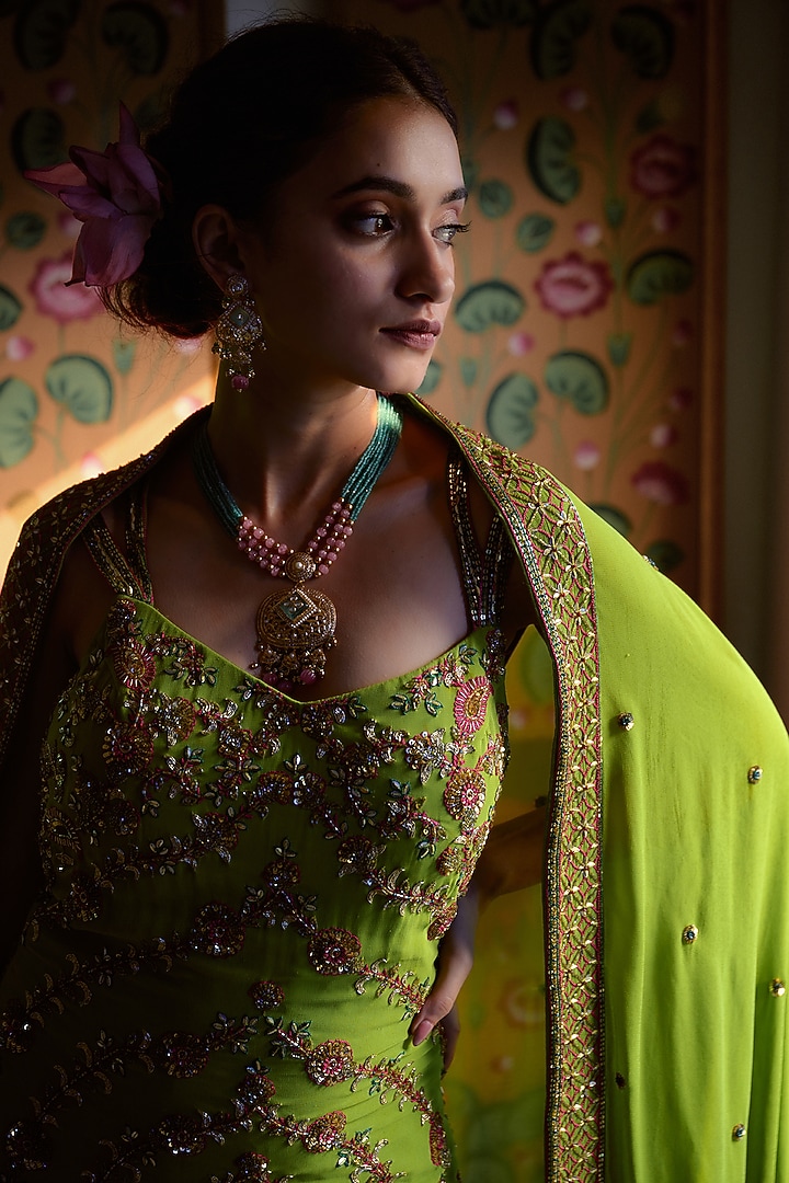 Lime Green Georgette Hand Embroidered Gharara Set by Irrau by Samir Mantri at Pernia's Pop Up Shop
