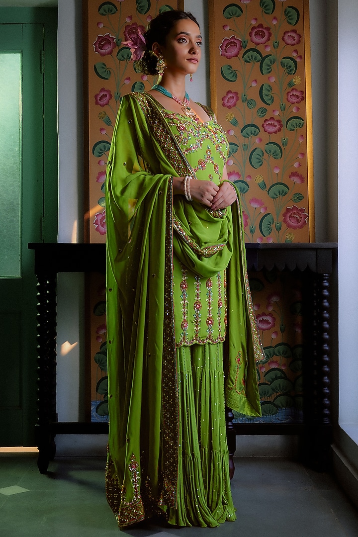 Lime Green Georgette Hand Embroidered Gharara Set by Irrau by Samir Mantri at Pernia's Pop Up Shop