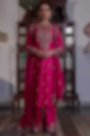 Fuchsia Pink Pure Raw Silk Hand Embroidered Kurta Set by Irrau by Samir Mantri at Pernia's Pop Up Shop