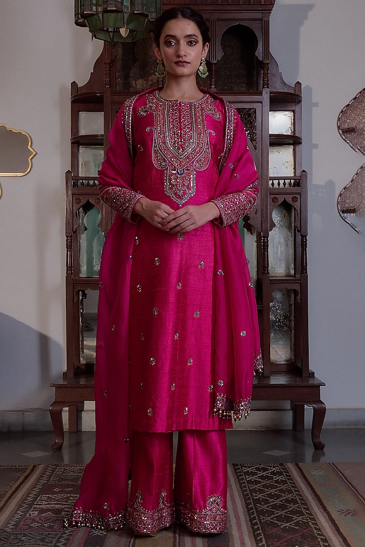 Fuchsia Pink Pure Raw Silk Hand Embroidered Kurta Set by Irrau by Samir Mantri at Pernia's Pop Up Shop