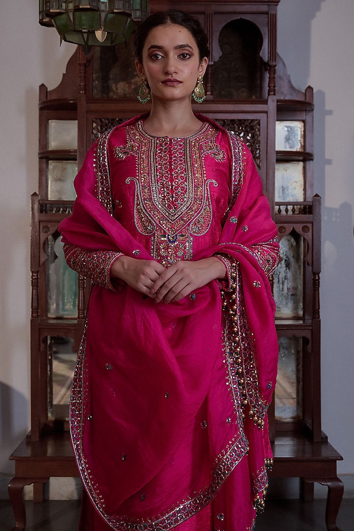 Fuchsia Pink Pure Raw Silk Hand Embroidered Kurta Set by Irrau by Samir Mantri at Pernia's Pop Up Shop