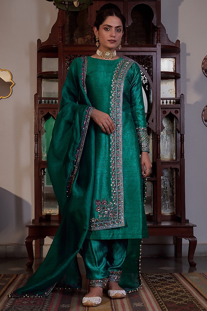 Teal Green Pure Raw Silk Hand Embroidered Kurta Set by Irrau by Samir Mantri at Pernia's Pop Up Shop
