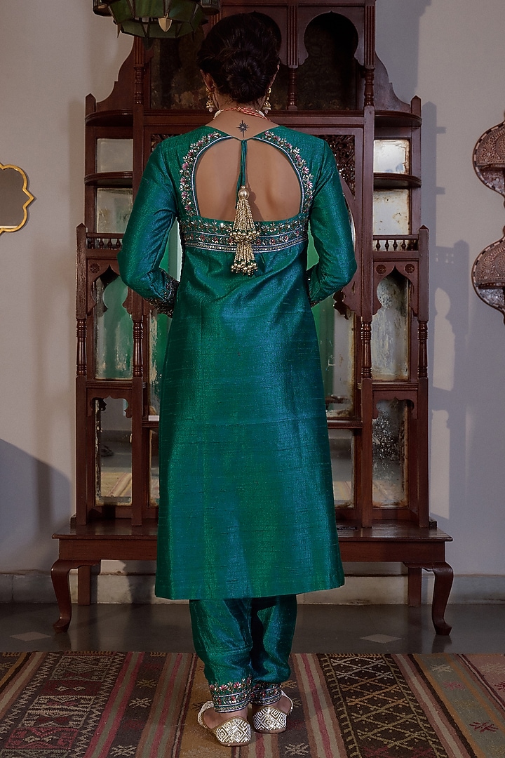 Teal Green Pure Raw Silk Hand Embroidered Kurta Set by Irrau by Samir Mantri at Pernia's Pop Up Shop