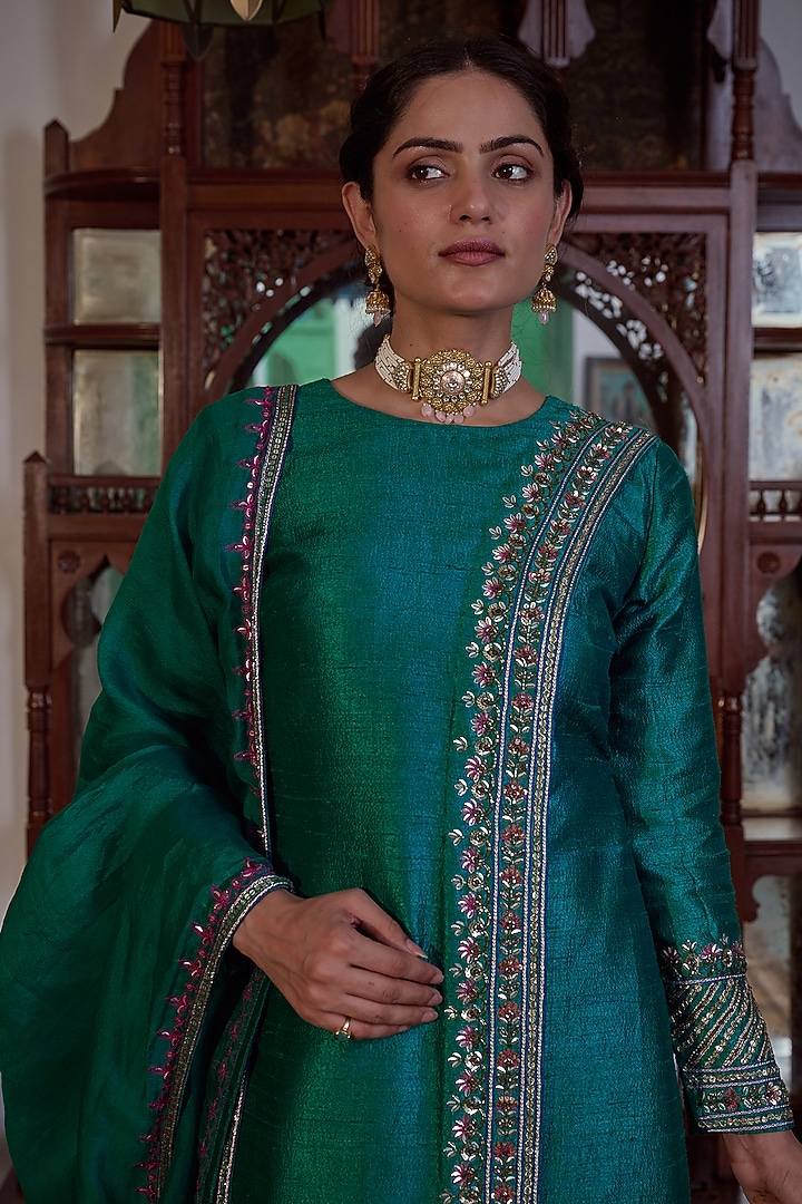 Teal Green Pure Raw Silk Hand Embroidered Kurta Set by Irrau by Samir Mantri at Pernia's Pop Up Shop