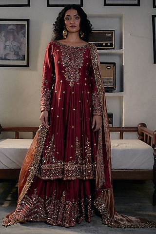 Maroon Silk Chanderi Hand Embroidered Anarkali Set by Irrau by Samir Mantri