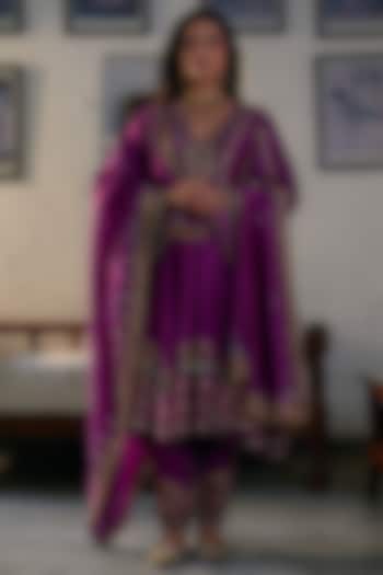 Purple Silk Chanderi Hand Embroidered Bridal Anarkali Set by Irrau by Samir Mantri at Pernia's Pop Up Shop