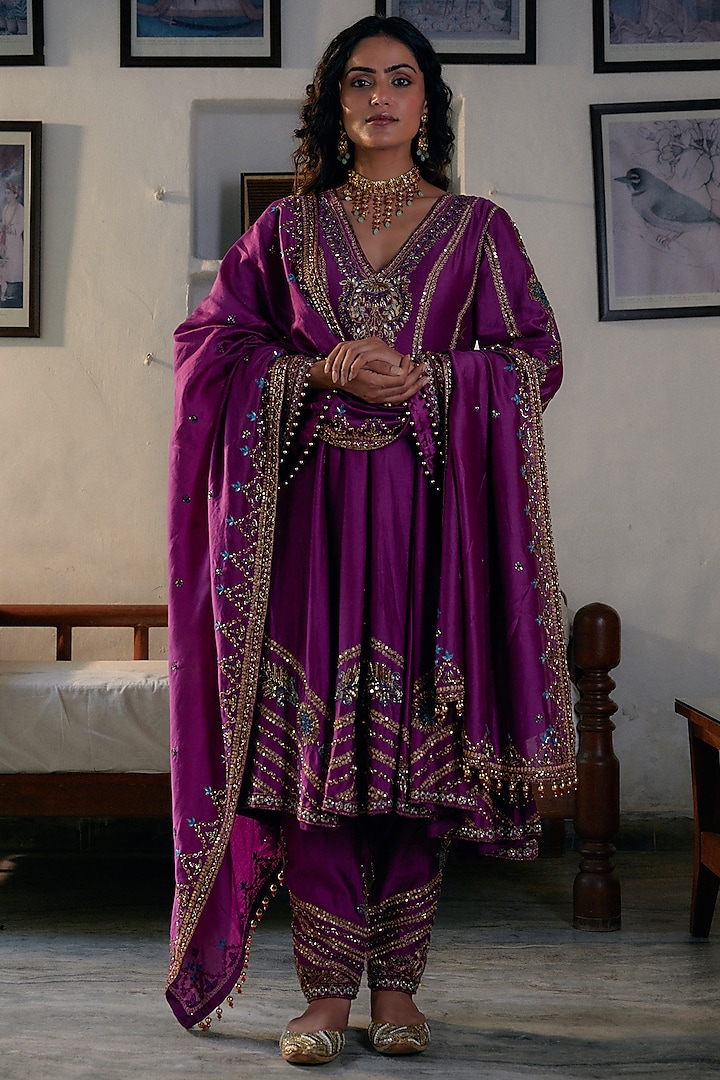 Purple Silk Chanderi Hand Embroidered Bridal Anarkali Set by Irrau by Samir Mantri at Pernia's Pop Up Shop