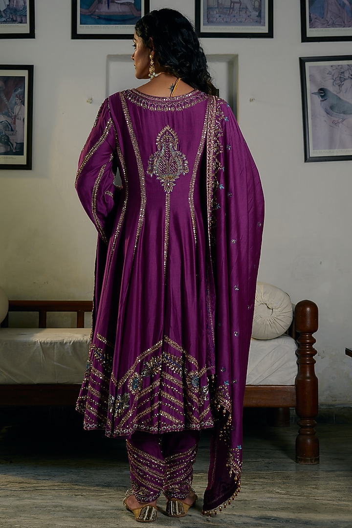Purple Silk Chanderi Hand Embroidered Bridal Anarkali Set by Irrau by Samir Mantri at Pernia's Pop Up Shop