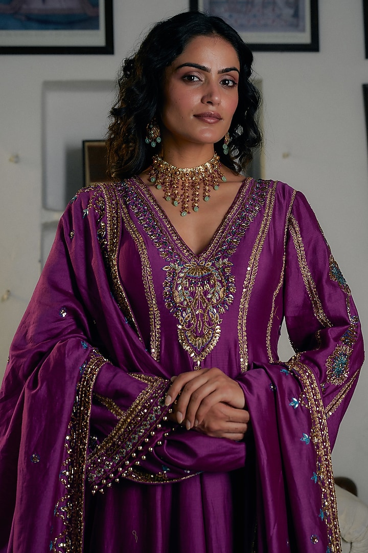Purple Silk Chanderi Hand Embroidered Bridal Anarkali Set by Irrau by Samir Mantri at Pernia's Pop Up Shop