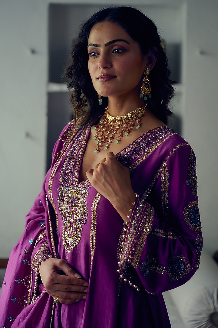 Purple Silk Chanderi Hand Embroidered Bridal Anarkali Set by Irrau by Samir Mantri at Pernia's Pop Up Shop