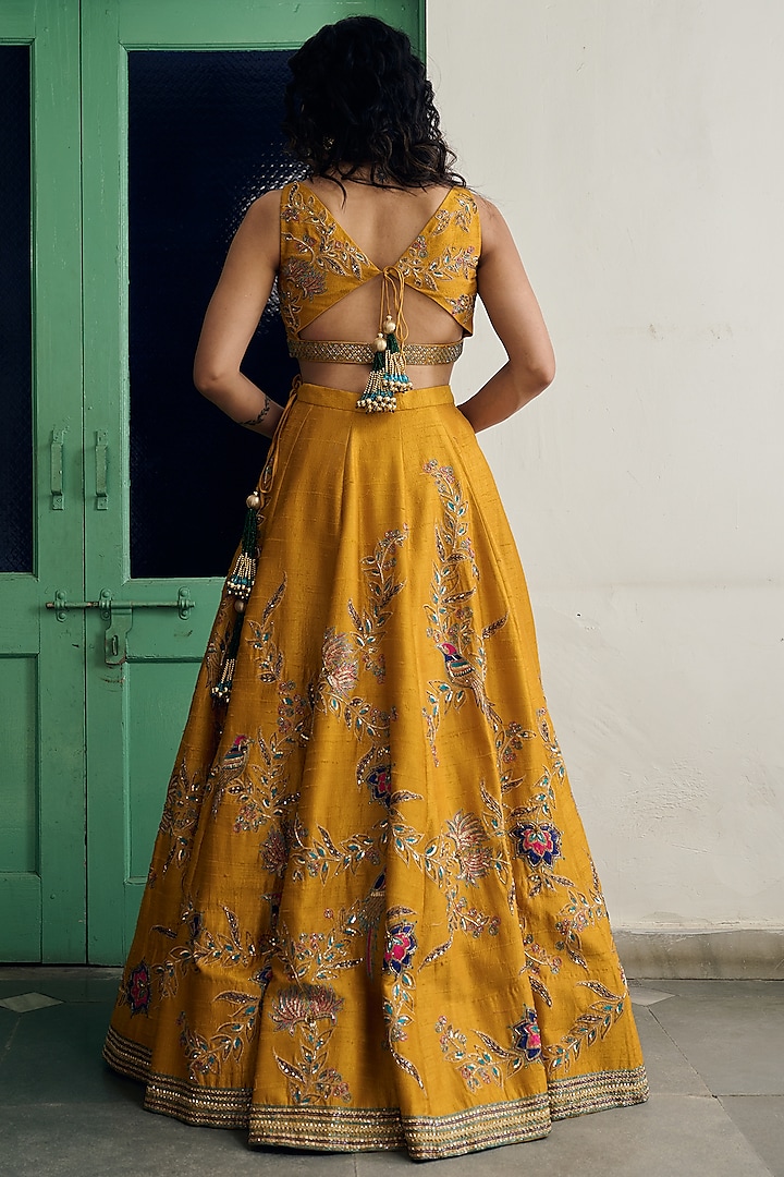 Mustard Pure Raw Silk Hand Embroidered Bridal Lehenga Set by Irrau by Samir Mantri at Pernia's Pop Up Shop