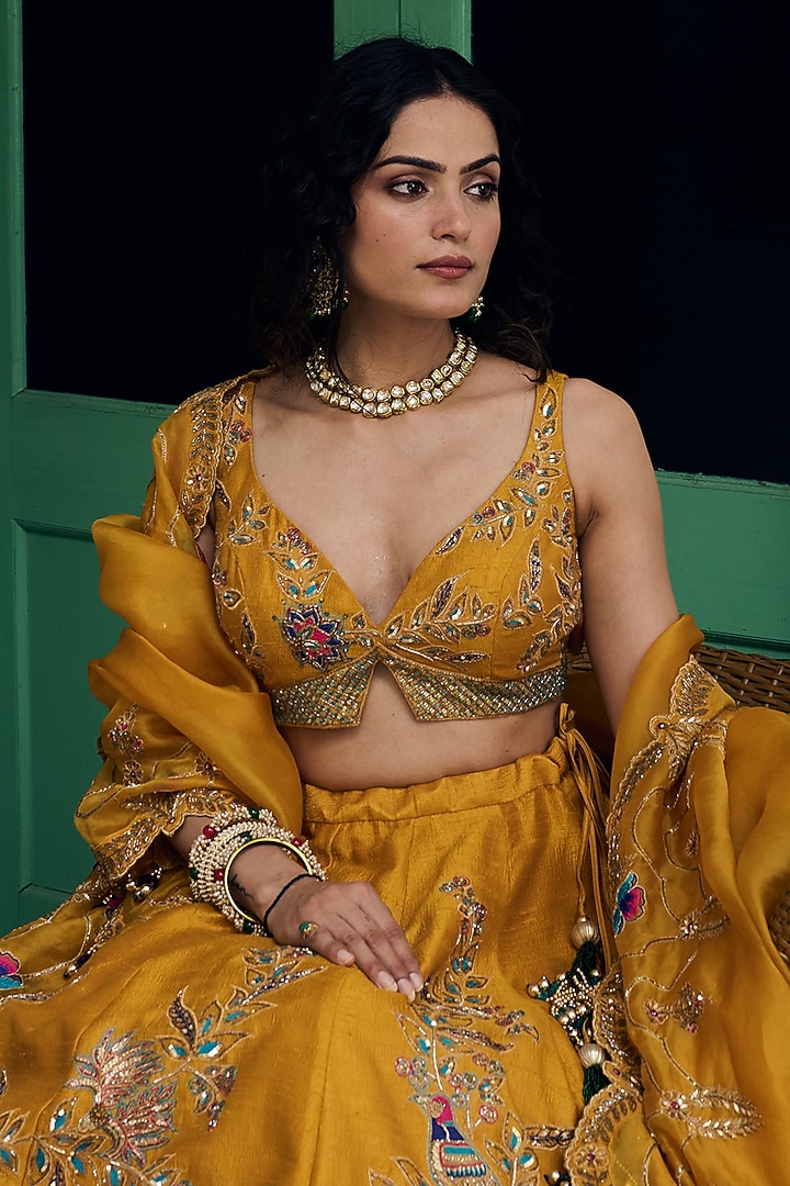 Mustard Pure Raw Silk Hand Embroidered Bridal Lehenga Set by Irrau by Samir Mantri at Pernia's Pop Up Shop