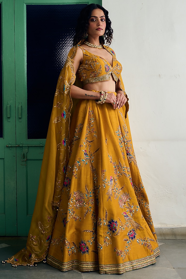 Mustard Pure Raw Silk Hand Embroidered Bridal Lehenga Set by Irrau by Samir Mantri at Pernia's Pop Up Shop