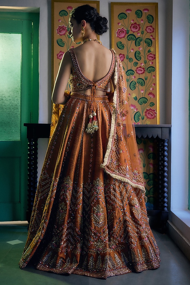 Rust Pure Raw Silk Hand Embroidered Wedding Lehenga Set by Irrau by Samir Mantri at Pernia's Pop Up Shop