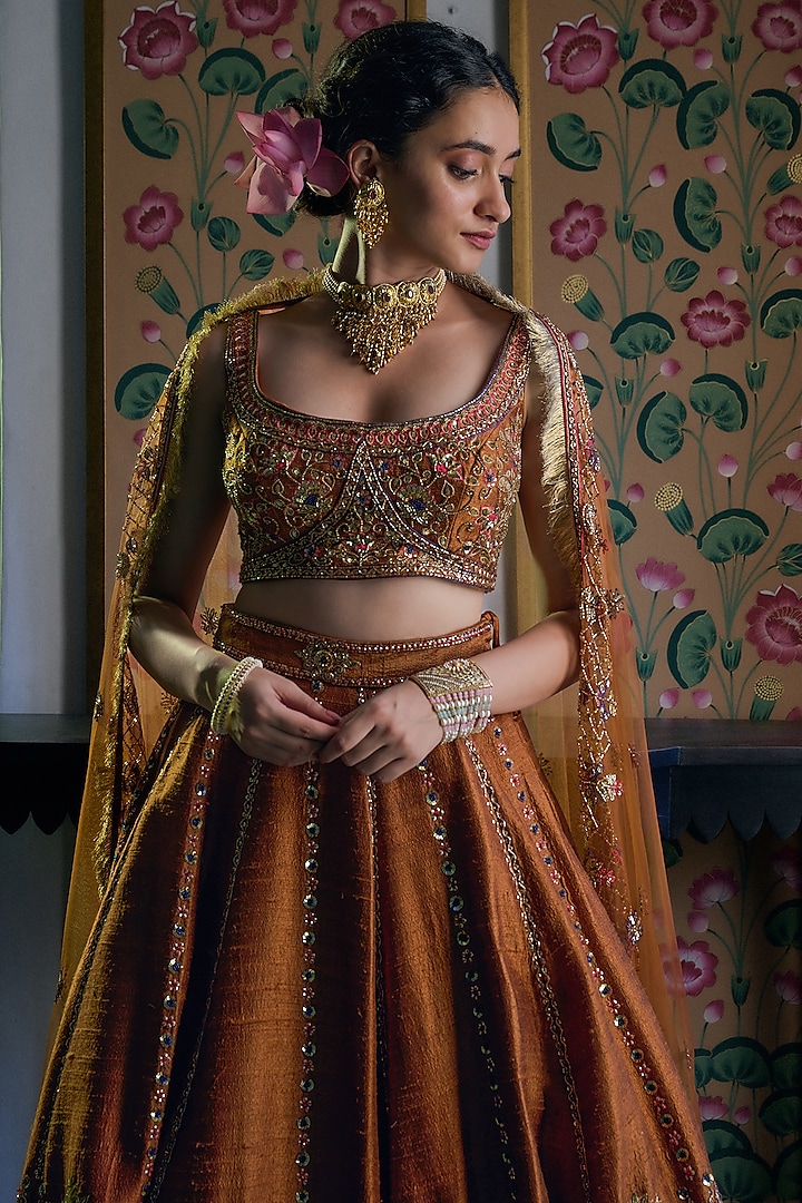Rust Pure Raw Silk Hand Embroidered Wedding Lehenga Set by Irrau by Samir Mantri at Pernia's Pop Up Shop