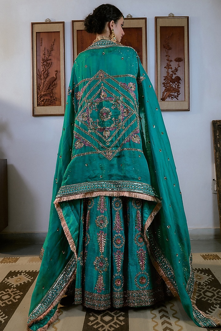 Teal Green Pure Raw Silk Hand Embroidered Bridal Lehenga Set by Irrau by Samir Mantri at Pernia's Pop Up Shop