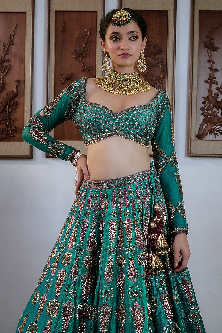 Teal Green Pure Raw Silk Hand Embroidered Bridal Lehenga Set by Irrau by Samir Mantri at Pernia's Pop Up Shop