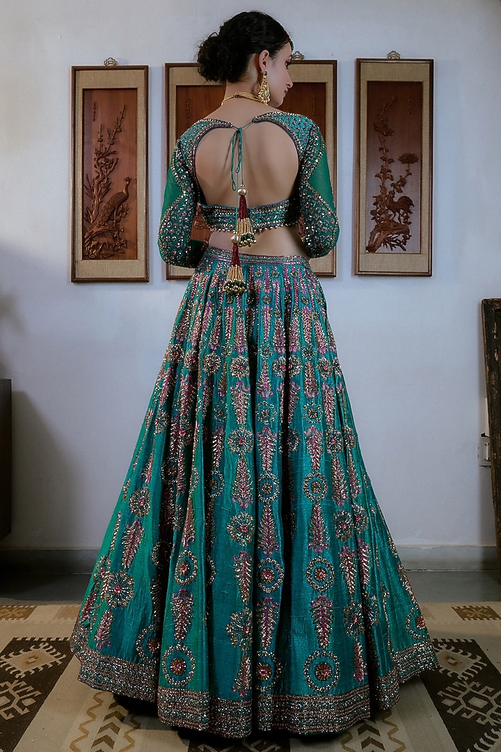 Teal Green Pure Raw Silk Hand Embroidered Bridal Lehenga Set by Irrau by Samir Mantri at Pernia's Pop Up Shop