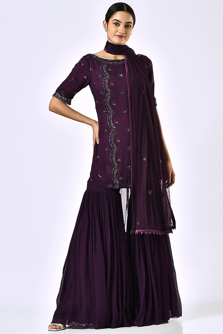 Plum Georgette Gharara Set by Irrau by Samir Mantri