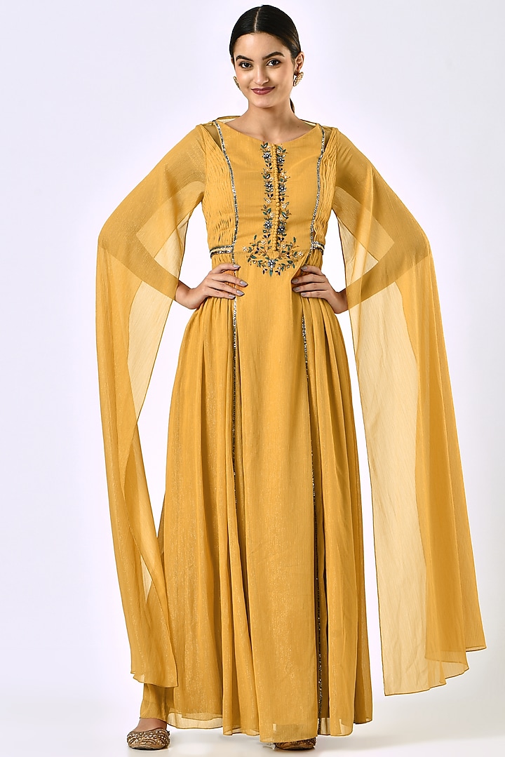 Mustard Embroidered Maxi Dress by Irrau by Samir Mantri