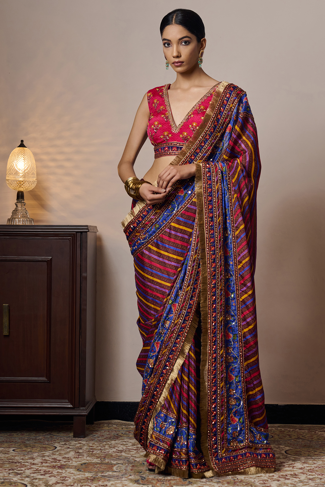 Multi-Colored Chinon Chiffon Printed & Hand Embroidered Wedding Saree Set by Irrau by Samir Mantri at Pernia's Pop Up Shop