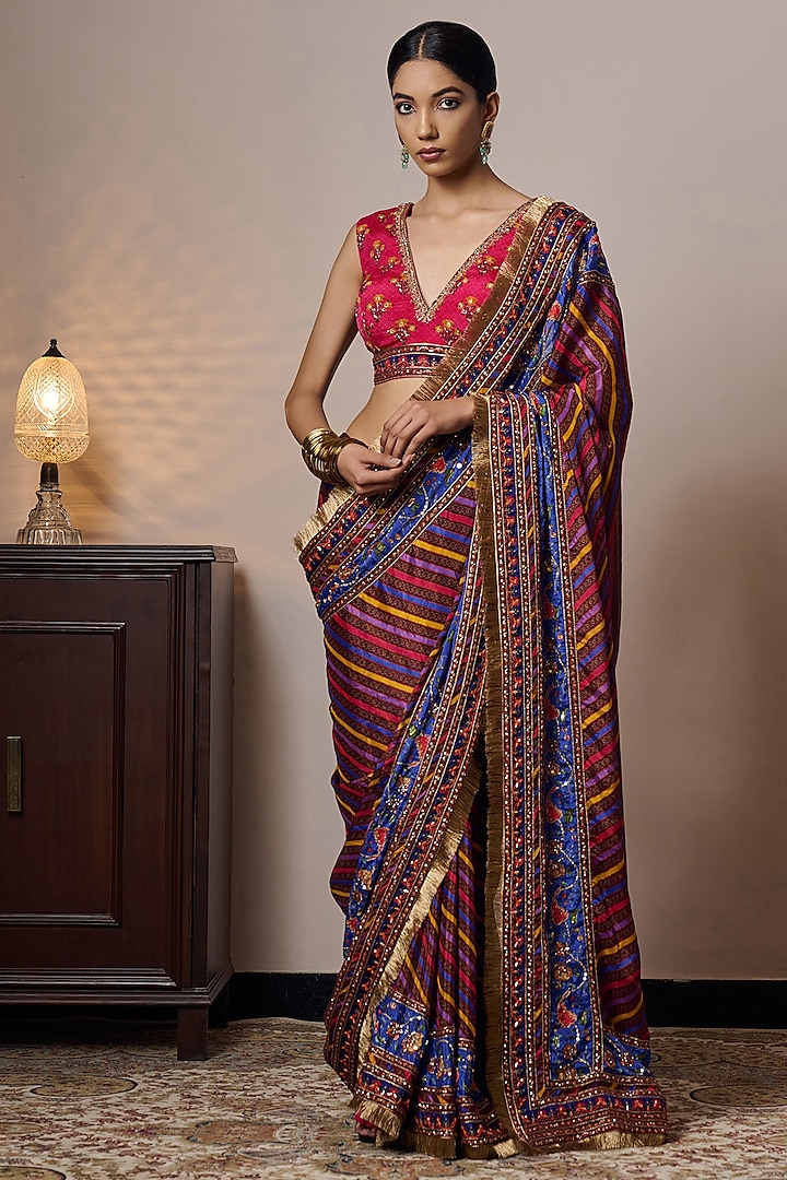 Multi-Colored Chinon Chiffon Printed & Hand Embroidered Wedding Saree Set by Irrau by Samir Mantri at Pernia's Pop Up Shop