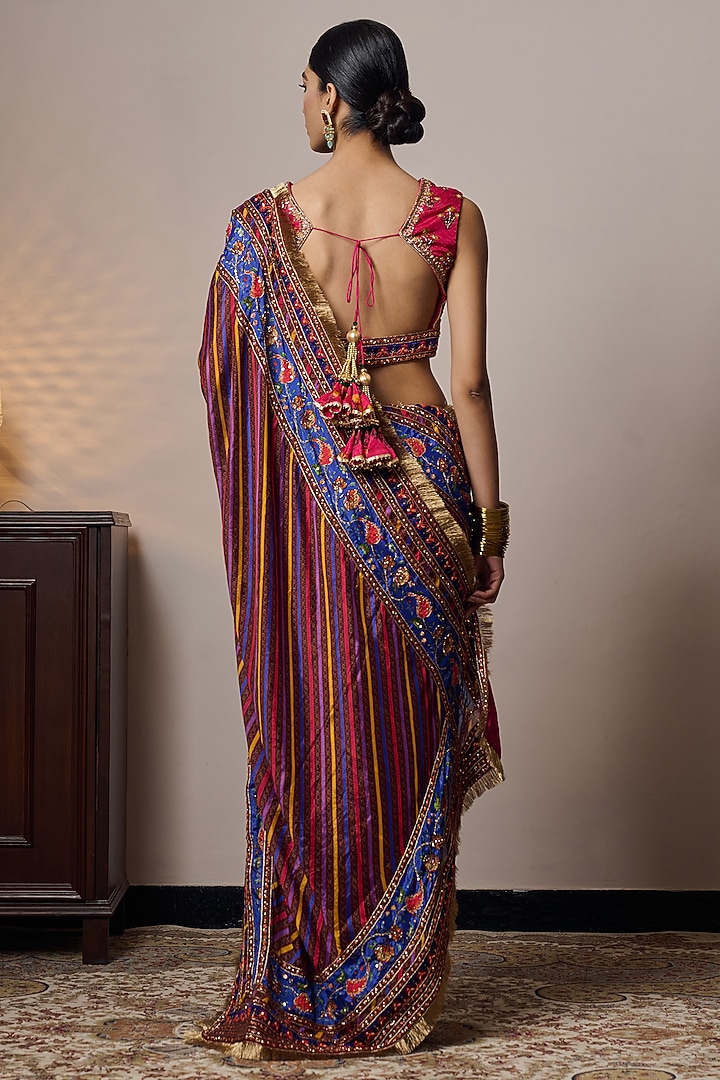 Multi-Colored Chinon Chiffon Printed & Hand Embroidered Wedding Saree Set by Irrau by Samir Mantri at Pernia's Pop Up Shop