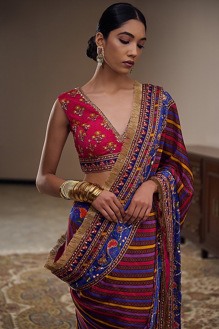 Multi-Colored Chinon Chiffon Printed & Hand Embroidered Wedding Saree Set by Irrau by Samir Mantri at Pernia's Pop Up Shop