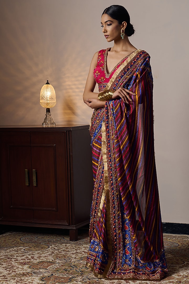 Multi-Colored Chinon Chiffon Printed & Hand Embroidered Wedding Saree Set by Irrau by Samir Mantri at Pernia's Pop Up Shop
