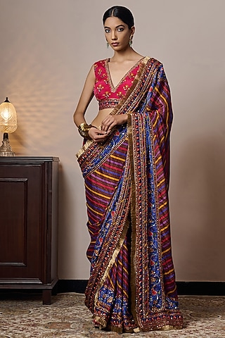 Multi-Colored Chinon Chiffon Printed & Hand Embroidered Saree by Irrau by Samir Mantri
