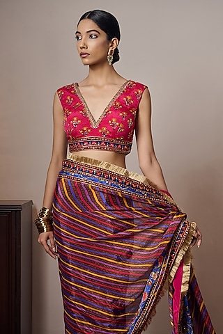 Multi-Colored Chinon Chiffon Butta Printed & Hand Embroidered Blouse by Irrau by Samir Mantri
