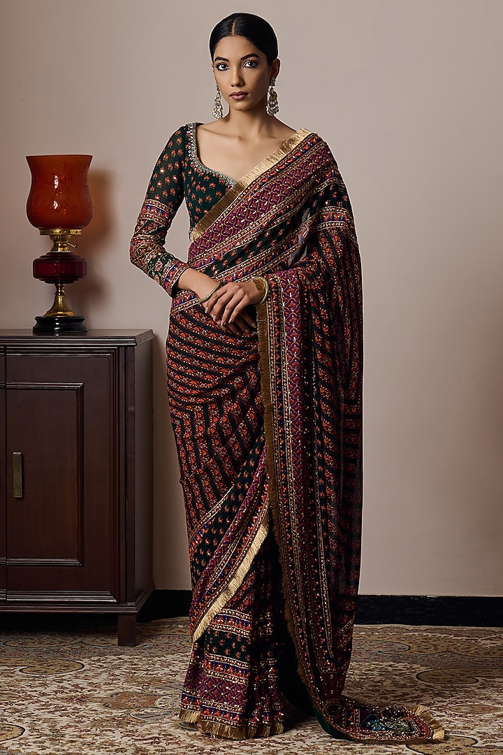 Multi-Colored Georgette Printed & Hand Embroidered Saree Set by Irrau by Samir Mantri at Pernia's Pop Up Shop