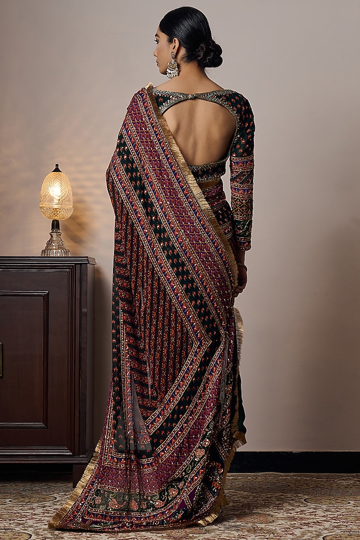 Multi-Colored Georgette Printed & Hand Embroidered Wedding Saree Set by Irrau by Samir Mantri at Pernia's Pop Up Shop