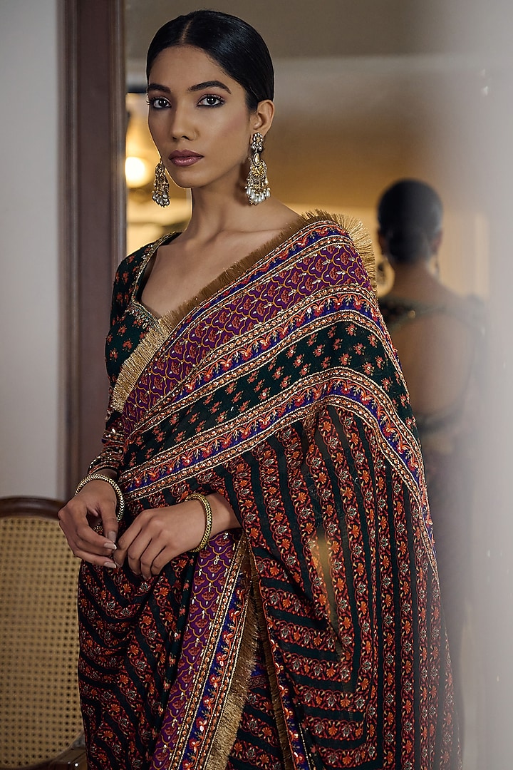Multi-Colored Georgette Printed & Hand Embroidered Wedding Saree Set by Irrau by Samir Mantri at Pernia's Pop Up Shop