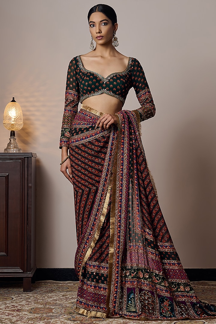 Multi-Colored Georgette Printed & Hand Embroidered Wedding Saree Set by Irrau by Samir Mantri at Pernia's Pop Up Shop