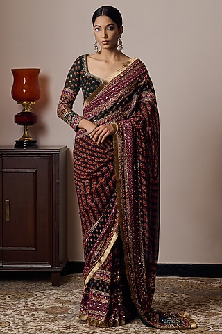 Multi-Colored Georgette Printed & Hand Embroidered Saree by Irrau by Samir Mantri