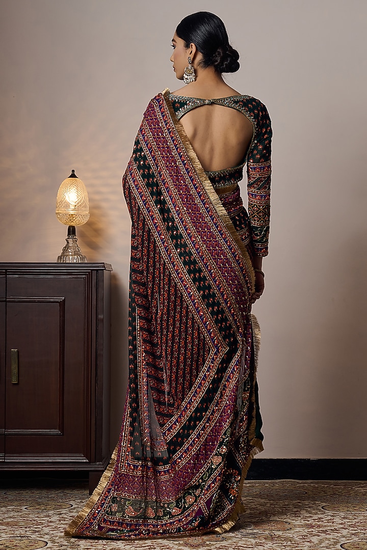Multi-Colored Georgette Printed & Hand Embroidered Wedding Saree by Irrau by Samir Mantri at Pernia's Pop Up Shop