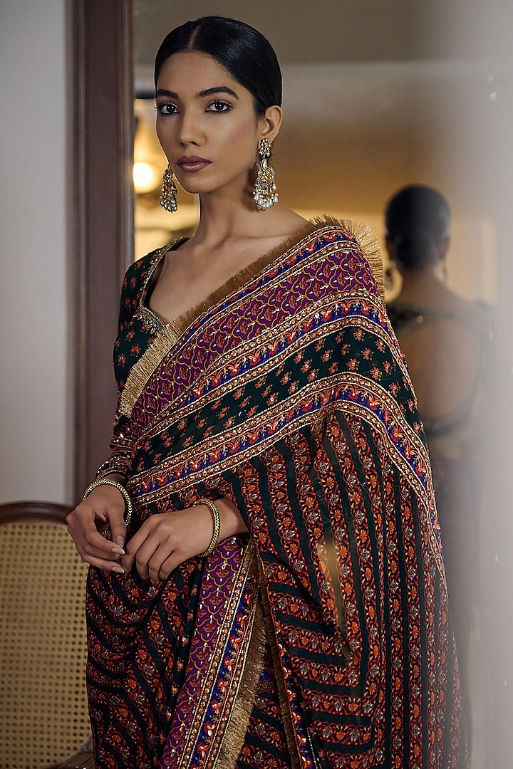 Multi-Colored Georgette Printed & Hand Embroidered Wedding Saree by Irrau by Samir Mantri at Pernia's Pop Up Shop