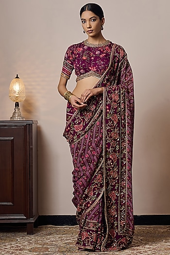 Plum Georgette Printed & Hand Embroidered Wedding Saree Set by Irrau by Samir Mantri at Pernia's Pop Up Shop
