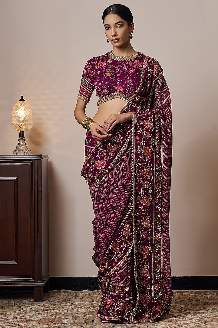 Plum Georgette Printed & Hand Embroidered Saree Set by Irrau by Samir Mantri at Pernia's Pop Up Shop